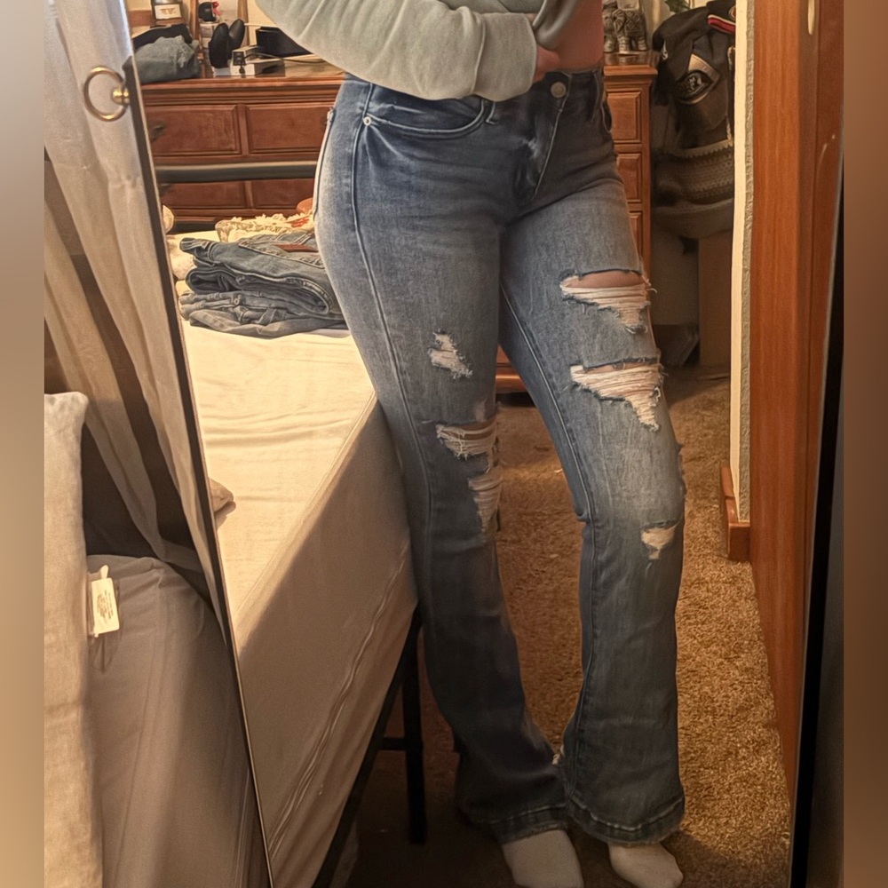 NWT! Fashion Nova Light Blue Distressed Flare Jeans